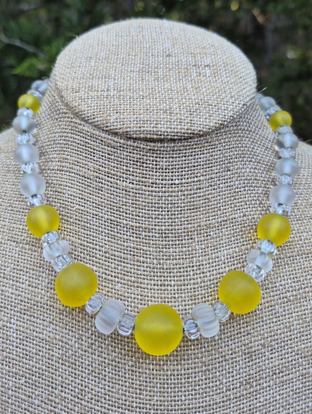 Art Deco French Camphor Frosted Yellow Uranium Glass Beaded Rare Necklace 16"